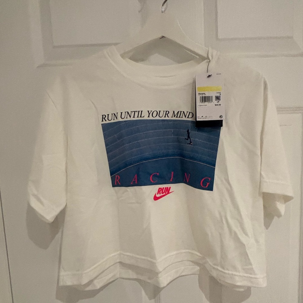 Nike White and Blue Graphic Crop Tee